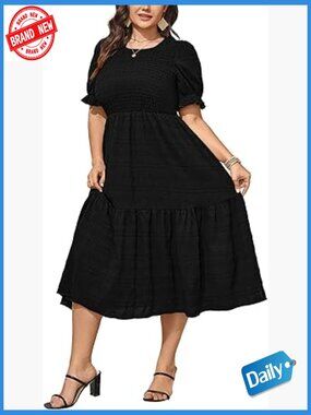 Plus Size Boho Maxi Dress with Puff Sleeves Smocked Tiered Flowy